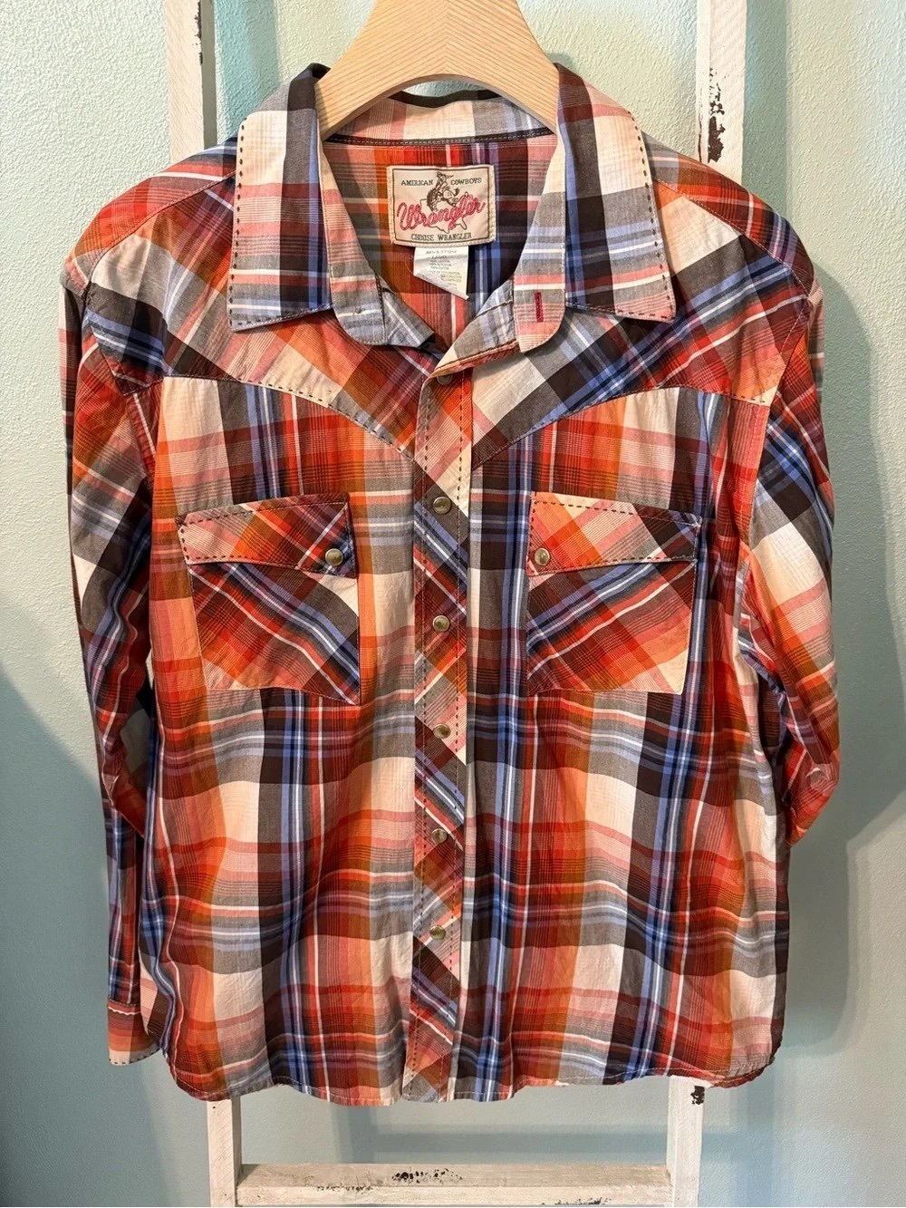 Wrangler Boys' Orange and Blue Plaid Western Button-Down Shirt